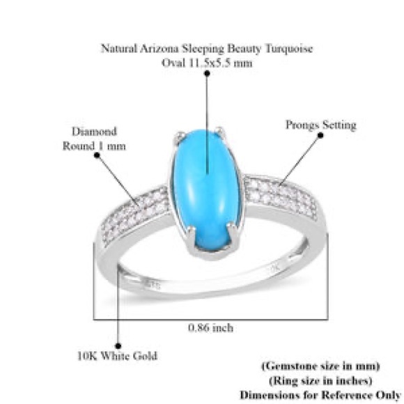 10K White Gold AAA Natural Arizona Sleeping Beauty Turquoise and Diamond Ring - Picture 4 of 6